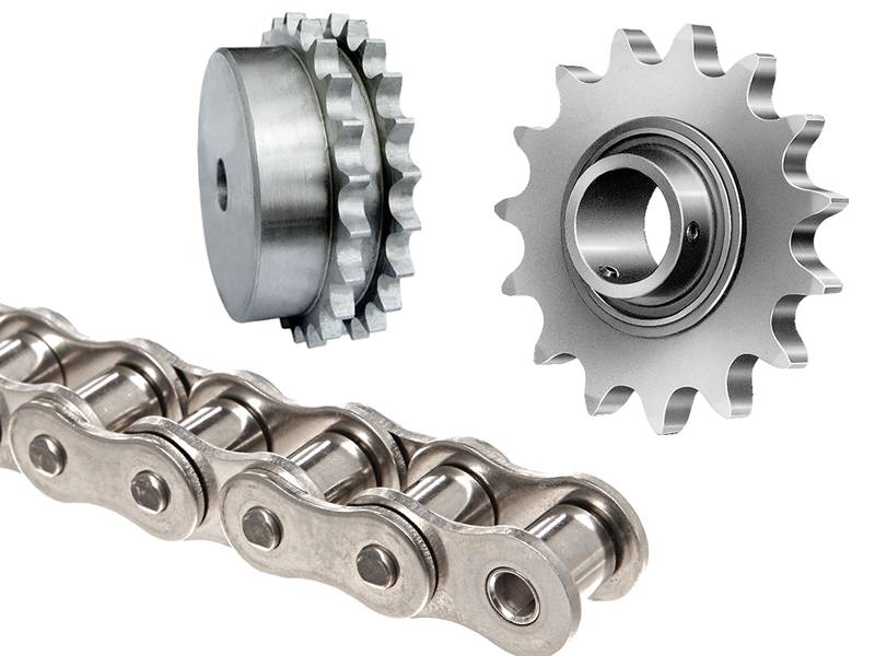 There are three conveyor belt accessories in the picture: roller chain, single strand and double strand sprocket.