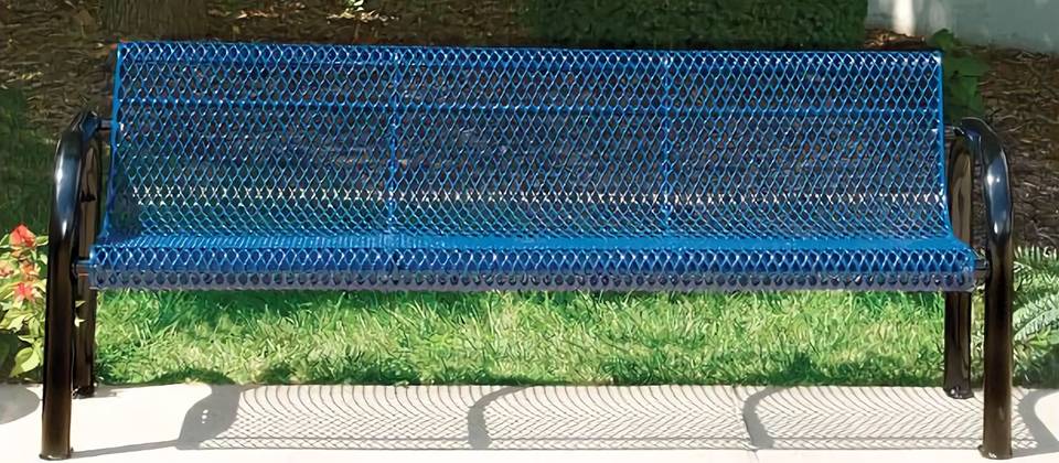 A blue movable expanded metal bench has backrest.