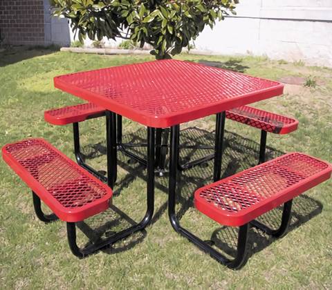 Mobile red expanded metal bench has backrest.