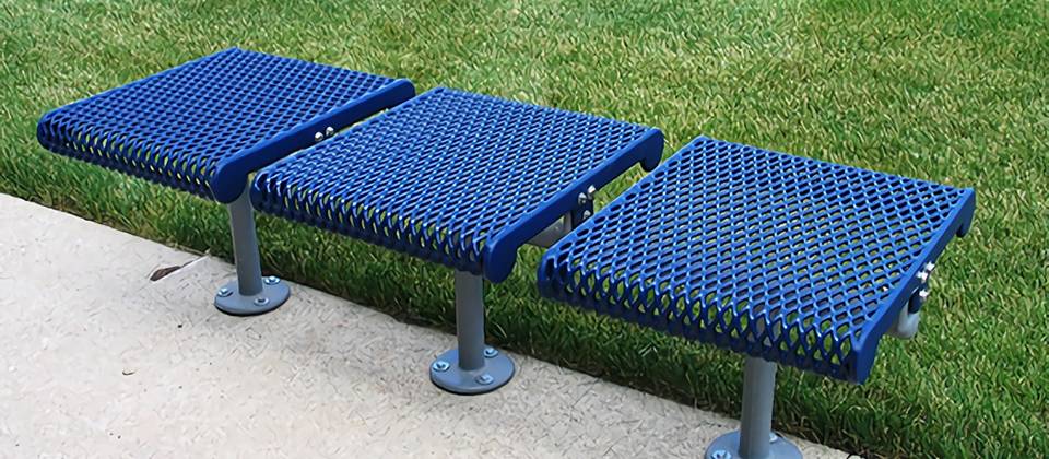 Blue coating expanded metal has three seats.