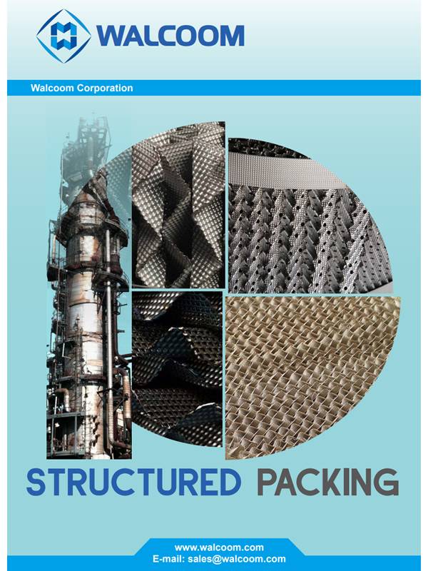 Completed structured packing in wire gauze, perforated corrugated, expanded corrugated and protruded structured packings on the gray background.