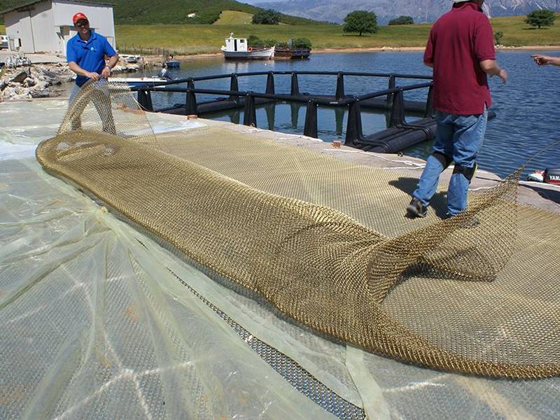 Two men are going to put copper alloy fish cage into the sea.