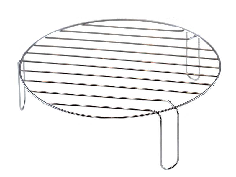 Galvanized round barbecue grate with three feet.
