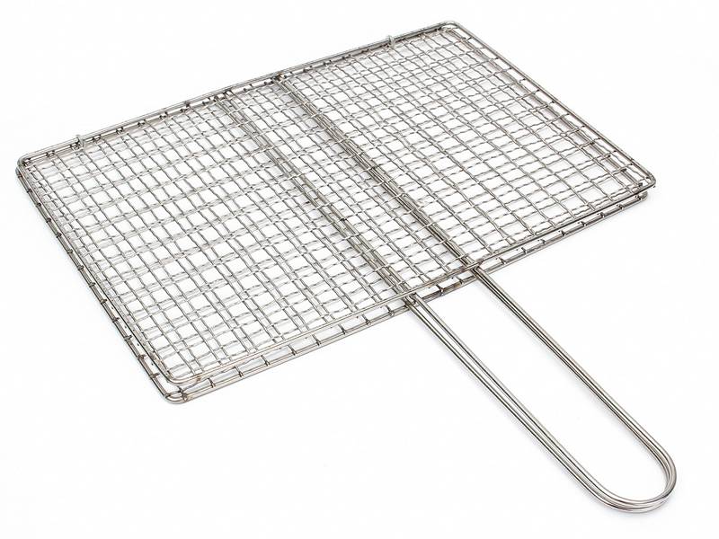 Folding square barbecue grill mesh with a  handle, and each mesh hole is square.