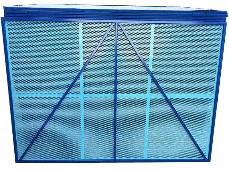 Safety screen with metal frame for self-climbing scaffold system.