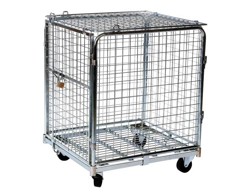 A lockable wire container looks like a cube in the picture.