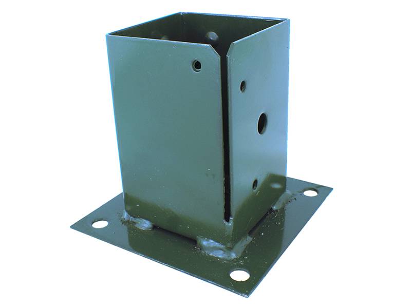 Green post base, the bottom plate is square and four edges have each one hole, the vertical part is rectangle with on opening and holes.