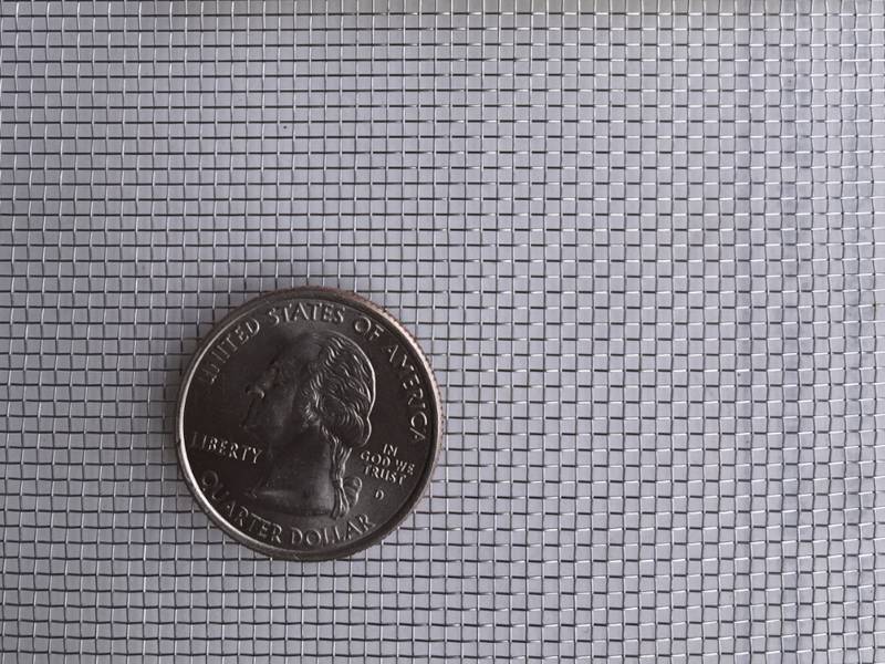 A coin placed on a piece of stainless steel window screen.