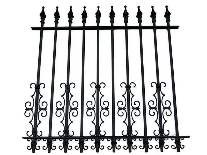 Wrought iron fence with finial at the top, and adding beautiful pattern at the bottom.