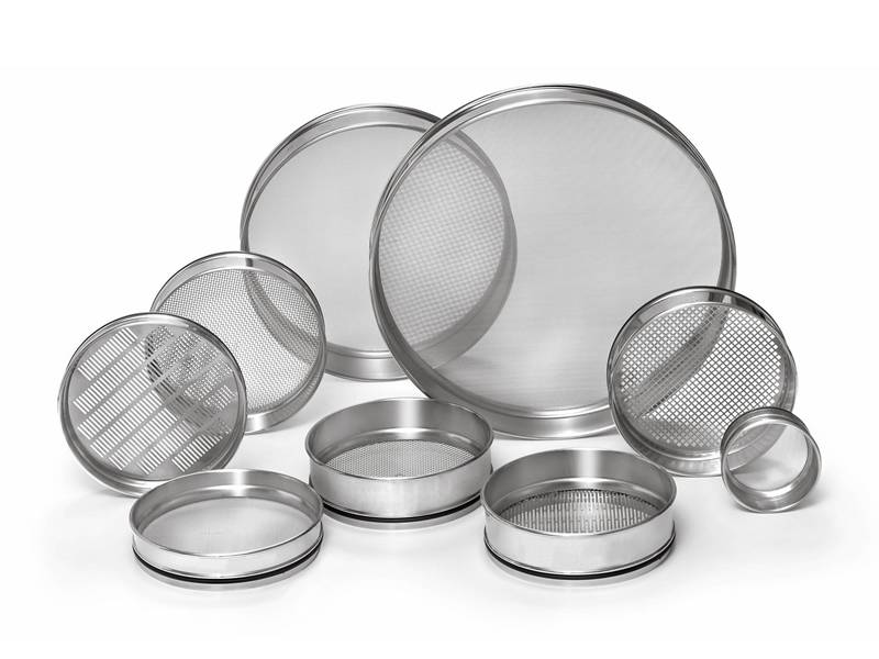 Nine test sieves with different sizes show to us.