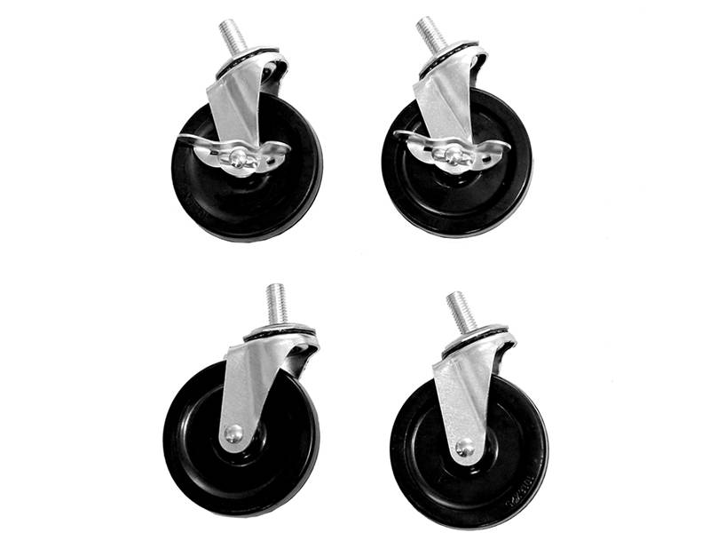 Four black wire cart swivel casters.