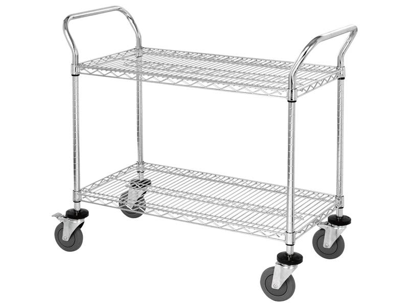 A wire shelving cart with two handles on the both sides and four casters.
