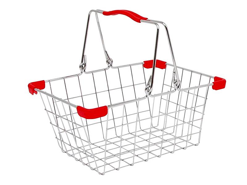 A galvanized wire shopping basket with red plastic part.