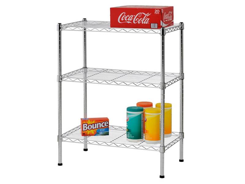 Three-tier wire shelving, two layer of it is placed with some merchandises.
