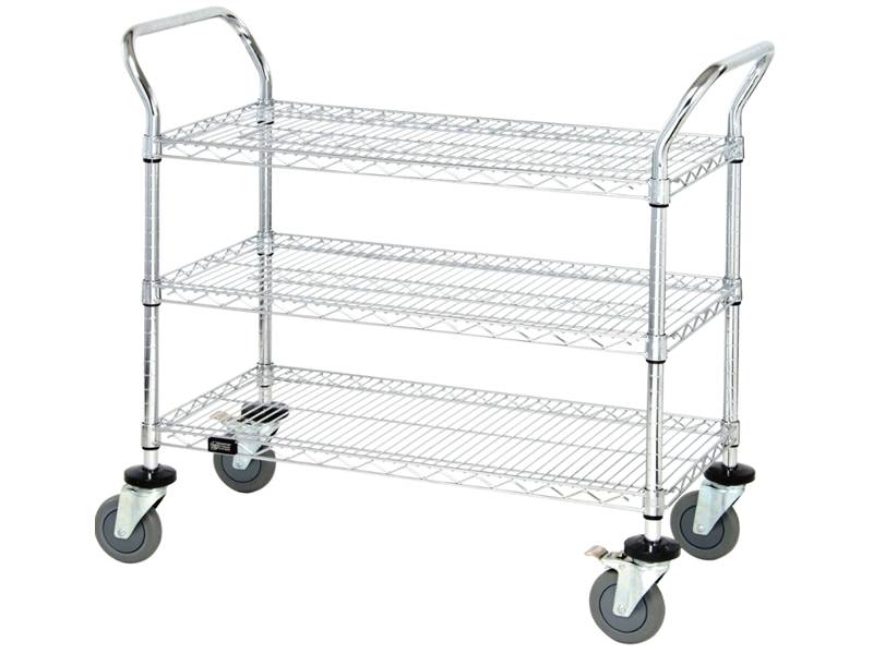 Three layers wire shelving, its four feet with wheels.