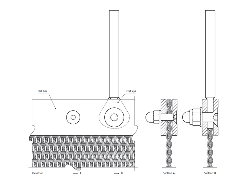 A diagram drawing of decorative woven mesh installation, which show the flat and angle with flat eye.